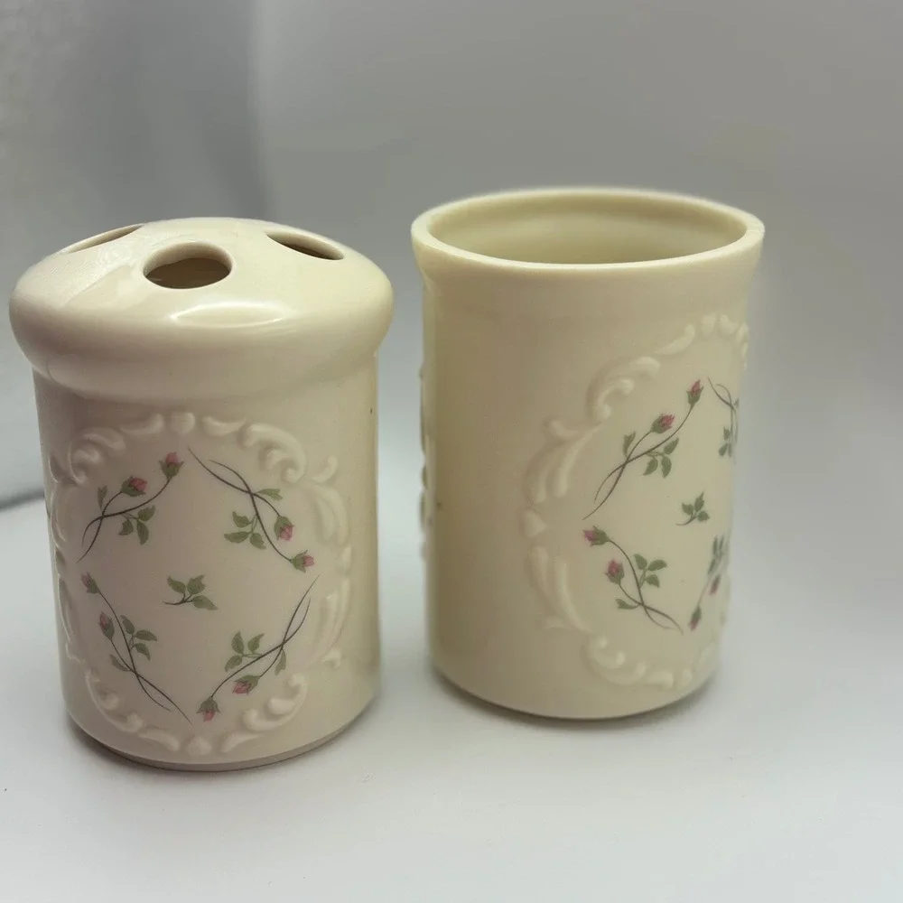 Lenox Rose Manor Toothbrush Holder Tumbler Set Floral Vanity grabdmacore cottage